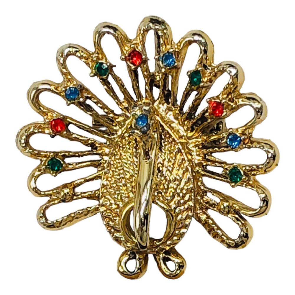 Vintage Peacock Brooch Pin Pendant 2 In 1 Gold Rhinestone Jewelry Statement Bird
